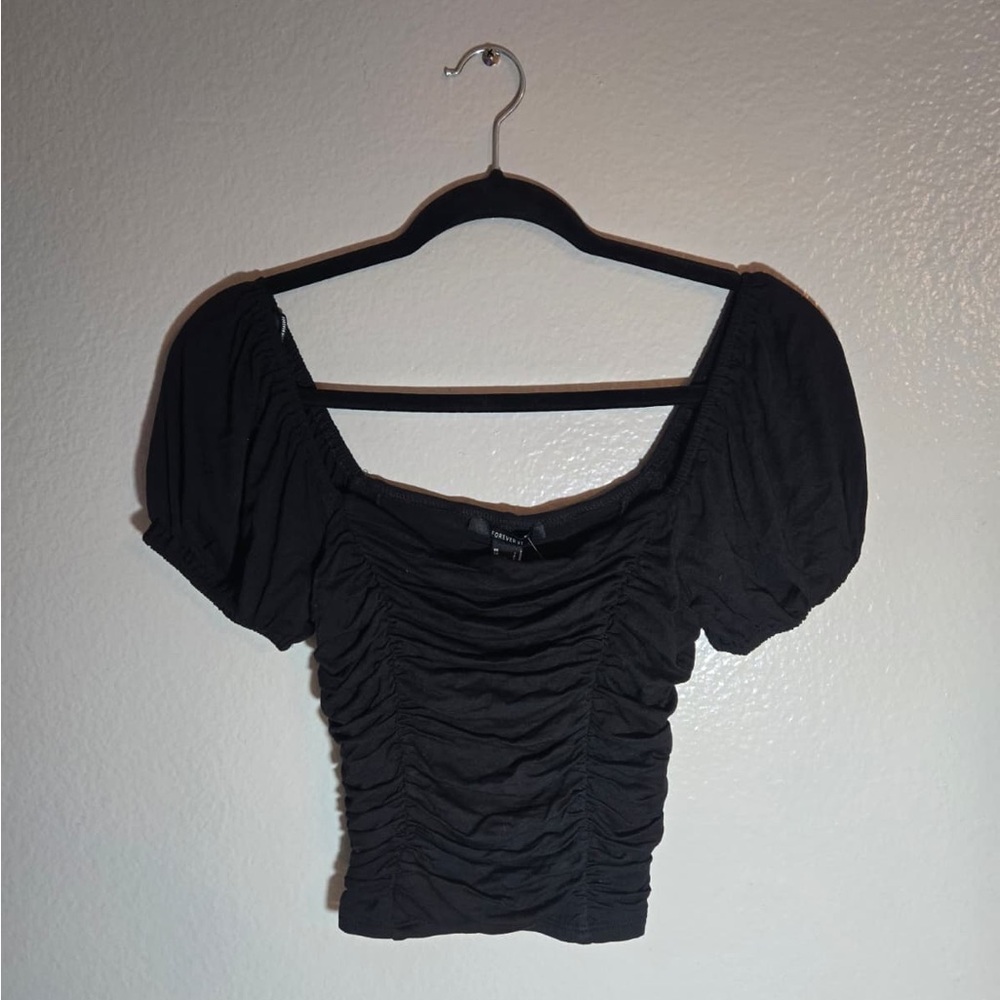 Forever 21 Black Gathered Puff Sleeve Blouse